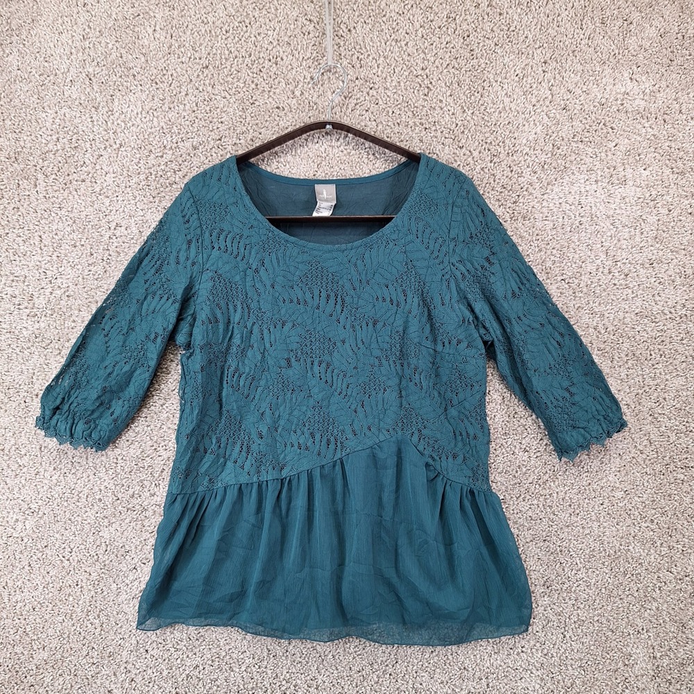 Fair Lady Top Womens 6 Teal Lace Peplum Blouse 3/4 Sleeve Lined Boho Romantic